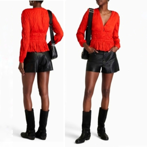 MAJE Peplum Blouse Smock Waist Tomato Red Long Sleeve 2 NWT - Picture 9 of 9